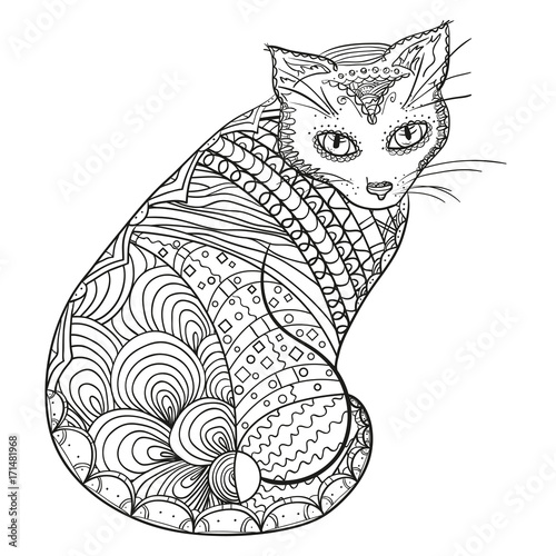 Cat. Design Zentangle. Hand drawn animal with abstract patterns on isolation background. Design for spiritual relaxation for adults. Decorative style. Print for polygraphy, posters and textiles