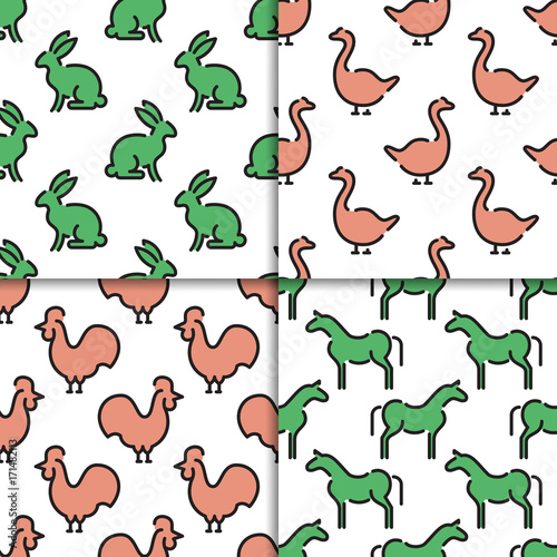 Set of vector seamless patterns with animals and birds. Children vector patterns for printing on fabric in the printing industry and as the background