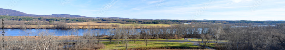 Hudson River in Saratoga National Historical Park panorama, Saratoga County, Upstate New York, USA. This is the site of the Battles of Saratoga in the American Revolutionary War.