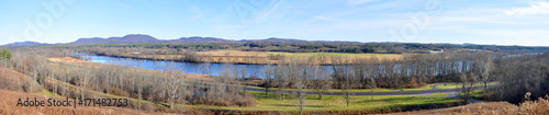 Hudson River in Saratoga National Historical Park panorama, Saratoga County, Upstate New York, USA. This is the site of the Battles of Saratoga in the American Revolutionary War.
