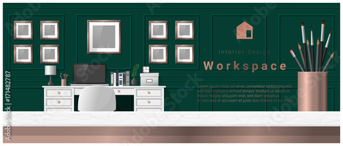 Interior design with table top and Modern office workplace background , vector , illustration