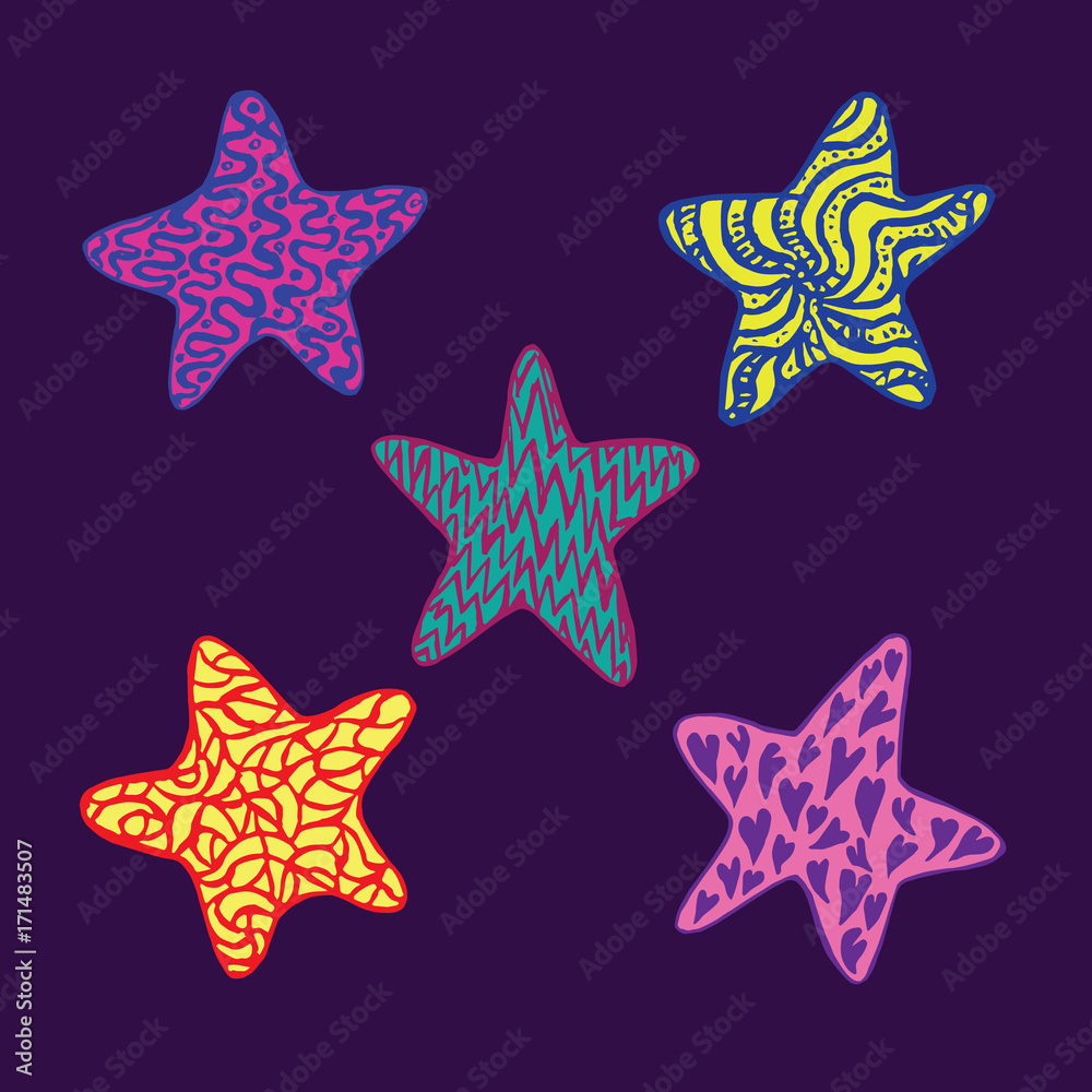 Funny colorful stars collection, hand drawn doodle, sketch in naïve, pop art style, color vector illustration isolated on dark blue Funny colorful stars collection, hand drawn doodle, sketch in naïve, pop art style, color vector illustration isolated on dark blue