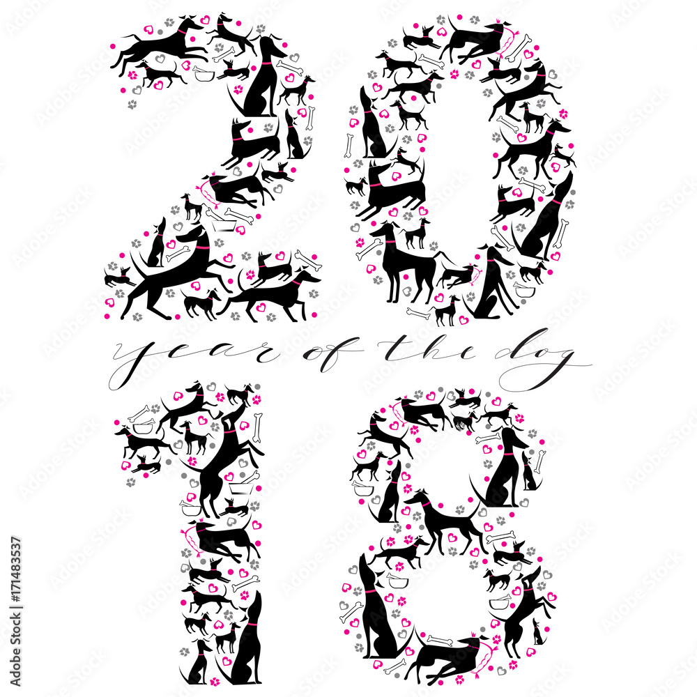 Happy New Year inscription with silhouettes of dogs