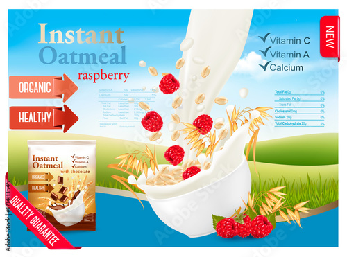 Instant oatmeal with strawberry advert concept. Milk flowing into a bowl with grain and berries. Vector.