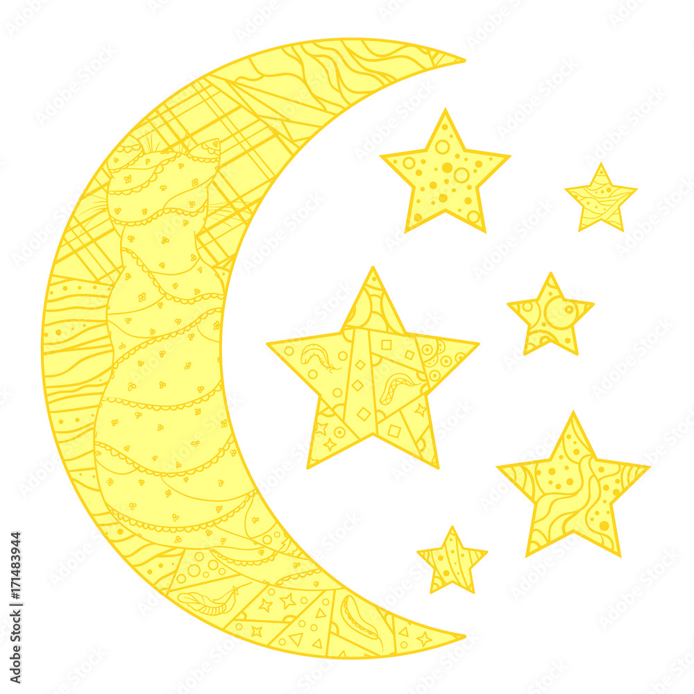 Half moon and stars with abstract patterns on isolation background. Design for spiritual relaxation for adults. Line art. Colouring page. Print for polygraphy, t-shirts and textiles. Zentangle Half moon and stars with abstract patterns on isolation background. Design for spiritual relaxation for adults. Line art. Colouring page. Print for polygraphy, t-shirts and textiles. Zentangle