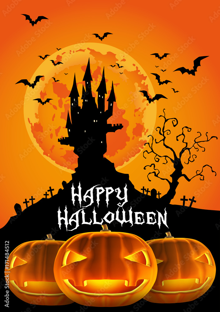 ハッピー ハロウィン コウモリの飛ぶお城とジャックオーランタン Stock Illustration Adobe Stock