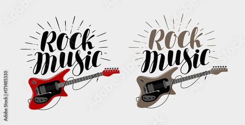 Rock music lettering. Guitar, musical string instrument symbol. Vector illustration