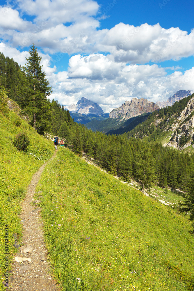 Valley in Dolomites with Monte Pelmo on the background