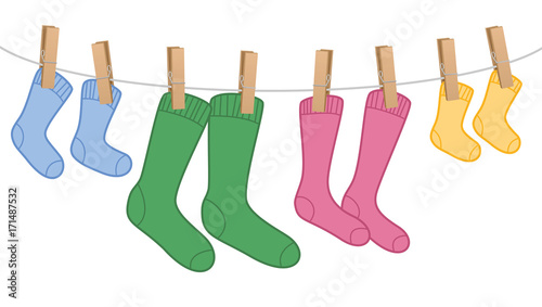 Clothes line with wool socks, family set - different colors and sizes for parents and children. Isolated vector comic illustration on white background.