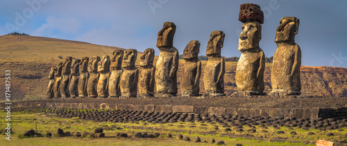 Ahu Tongariki, Easter Island - July 10, 2017: Moai altar of Tongariki, Easter Island photo