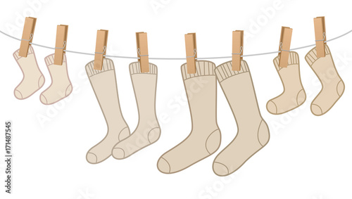 Cotton socks - brown, woolen family pack on clothesline - for mum, dad, kid and baby. Isolated vector comic illustration on white background.