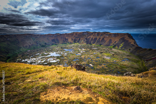 Fényképezés Orongo, Easter Island - July 11, 2017: Ranu Kao volcano crater, Easter Island