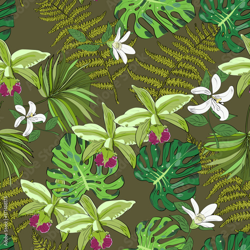 Seamless vector pattern of exotic vector drawn flowers and leaves. Tropical background.
