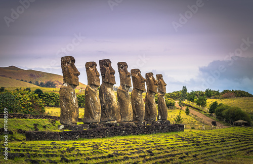 Ahu Akivi, Easter Island - July 11, 2017: Moai altar of Ahu Akivi photo