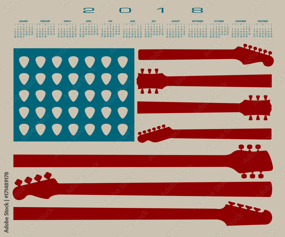 Naklejka premium 2018 Calendar with an American flag made out of guitar parts and picks 