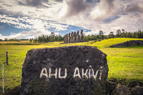 Ahu Akivi, Easter Island - July 12 2017: Moai statues of Ahu Akivi photo