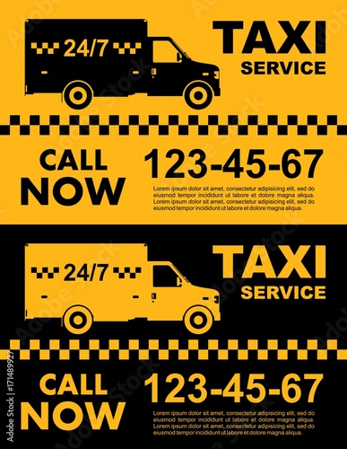 Taxi service design over yellow and black background. Silhouette of car. Vector flat illustration. Banner, poster or flyer.