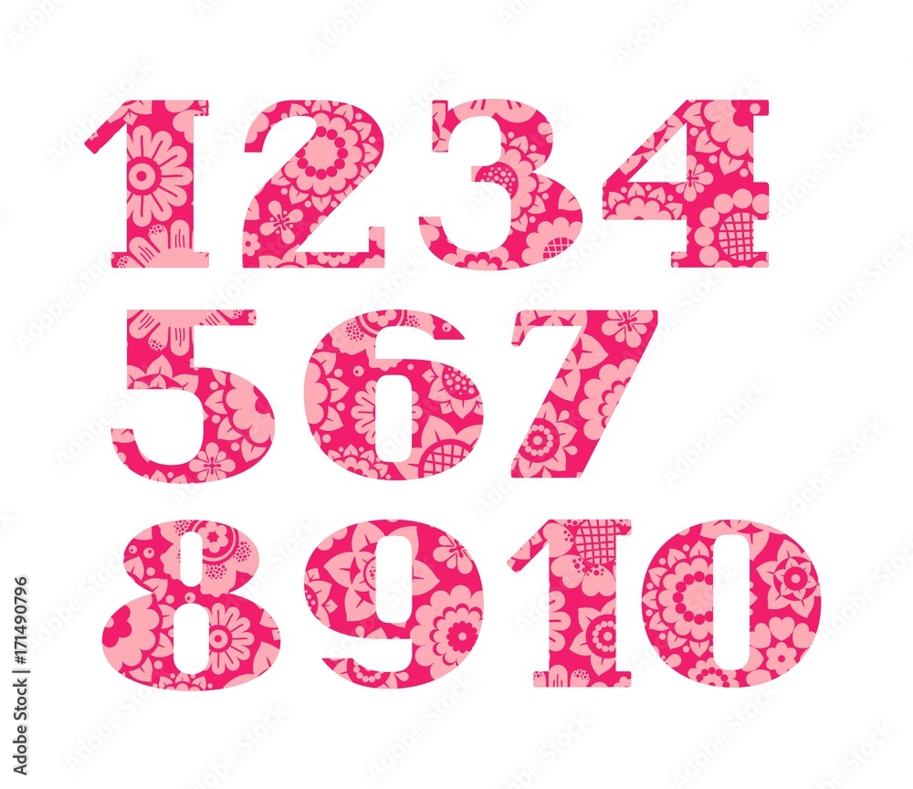 Numerals, rose flowers, vector. Figures with serifs. Decorative pink flowers on dark pink background. Numerals, rose flowers, vector. Figures with serifs. Decorative pink flowers on dark pink background.