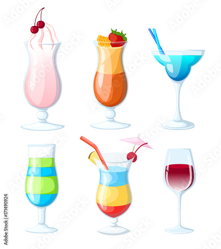 Tropical cocktails and juices set. Vector hand drawn illustration. Various isolated cocktail glass with beverages. Web site page and mobile app design vector element.