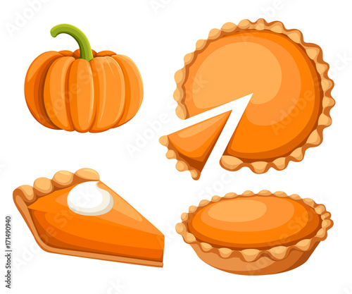 Pies Vector Illustration.Thanksgiving and Holiday Pumpkin Pie. Happy Thanksgiving Day traditional pumpkin pie with whipped cream on the top Web site page and mobile app design vector element