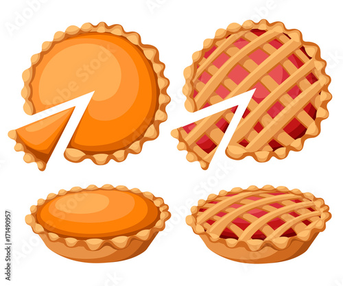 Pies Vector Illustration.Thanksgiving and Holiday Pumpkin Pie. Happy Thanksgiving Day traditional pumpkin pie with whipped cream on the top Web site page and mobile app design vector element photo
