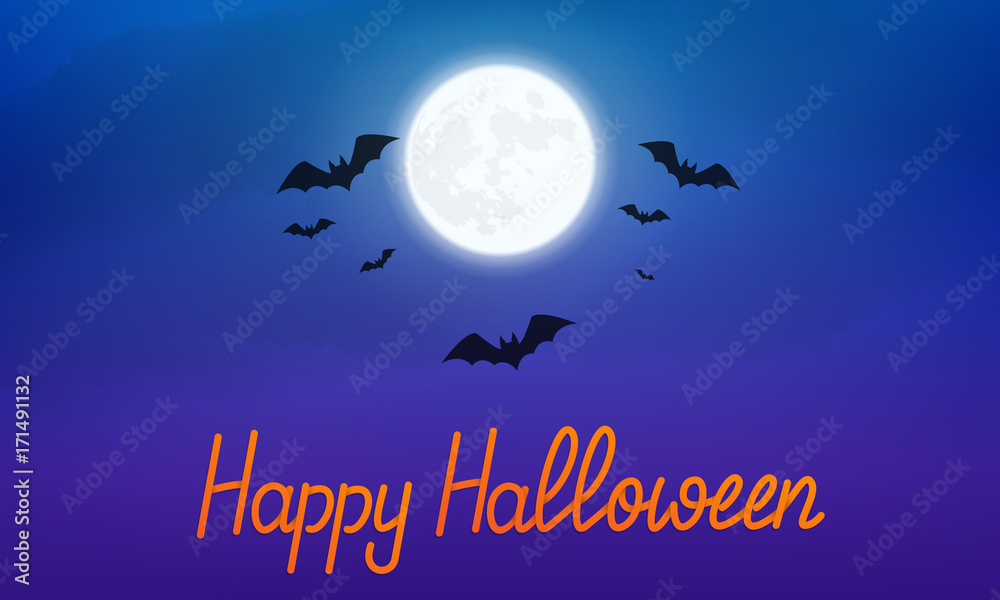 Happy Halloween. Night view of glowing full moon and flying bats. Banner with Happy Halloween hand lettering