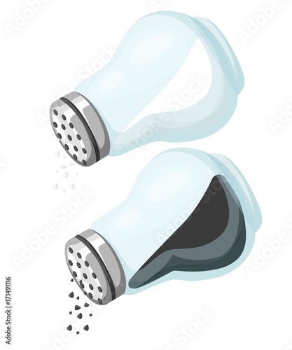 Salt and pepper. Pair of transparent glass shaker with metal cap. Vector illustration cartoon flat icon isolated on white. Web site page and mobile app design vector element