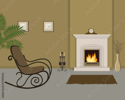 Beige living room with fireplace and rocking chair. The room also has a vase with decorative branches, mantel clock and pictures on the wall. Vector illustration.