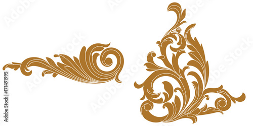 Set of golden vintage baroque ornament, corner. Retro pattern antique style acanthus. Decorative design element filigree calligraphy vector. - stock vector