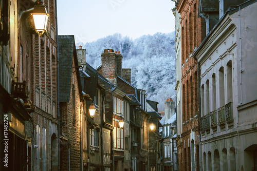 Canvas Print Street scene of houses of the old city centre in Honfleur, Normandy, France