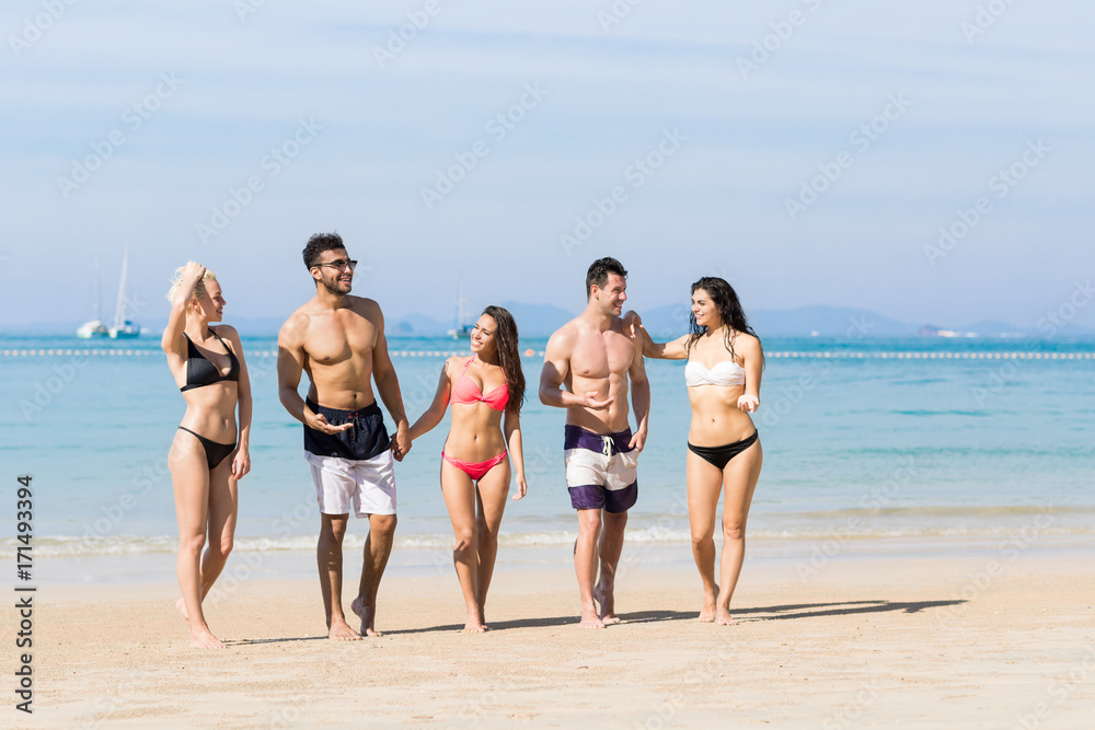 Young People Group On Beach Summer Vacation, Happy Smiling Friends Walking Seaside Sea Ocean Holiday Travel