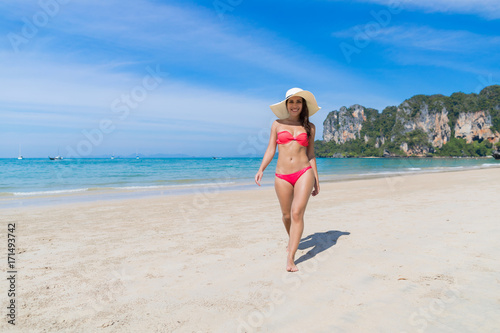 Attractive Young Caucasian Woman In Swimsuit On Beach, Happy Smile Girl Blue Sea Water Holiday Summer Vacation