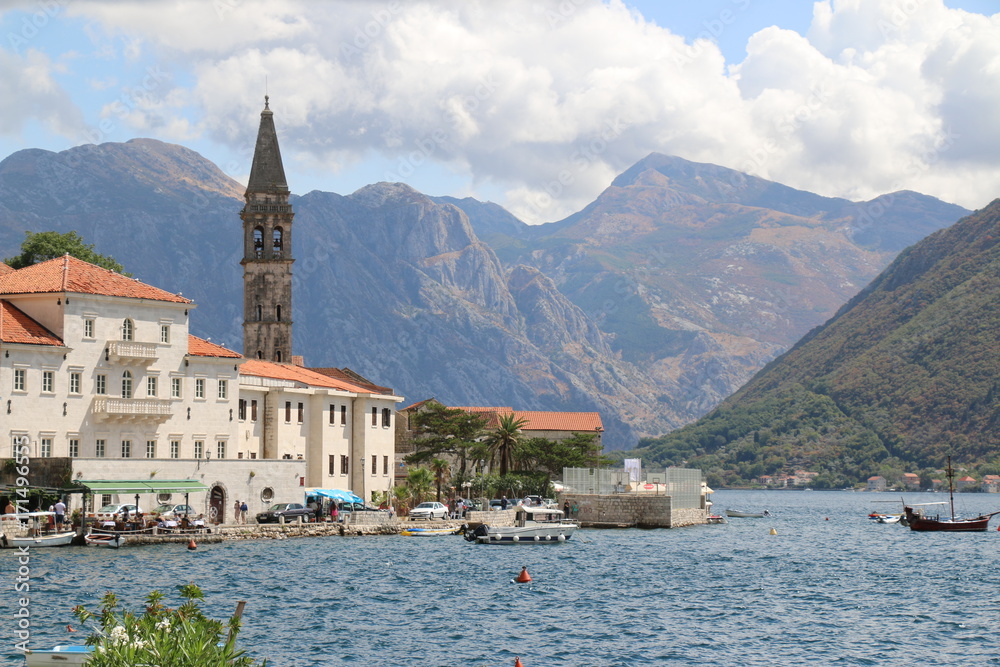 View of Perast city in the Bay of Kotor in Montenegro. Old, historic city. Tourist place. Adriatic sea.