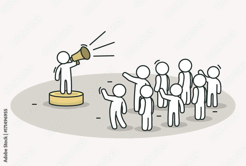Little white people with speech leader. Teamwork and leader concept ...