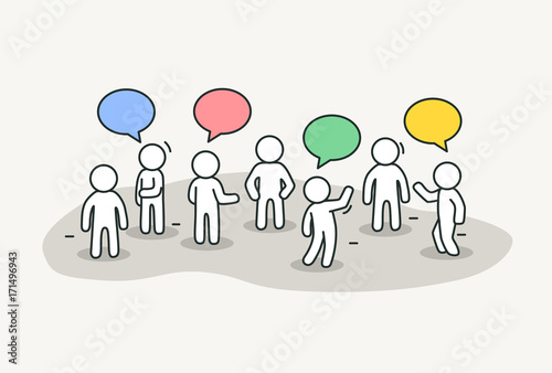 Little white people talk with chat bubbles. Conference or discussion concept. Hand drawn cartoon or sketch design.