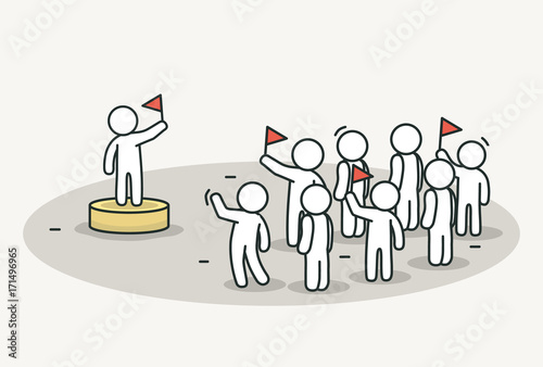 Little white people with leader on celebration or political action. Protest and leader concept. Hand drawn cartoon or sketch design.