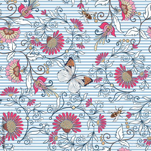 Seamless pattern, background with vintage style flowers and anim