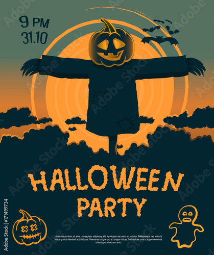The design of the cover or leaflets for the celebration of Halloween, an evil scarecrow with a pumpkin instead of a head at sunset