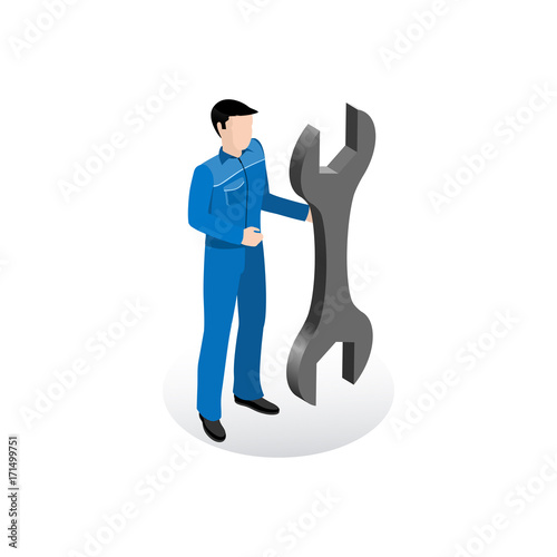 repairman in working overall with a wrench, isometric image of an icon