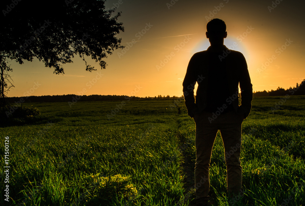The man in the field at sunset The man in the field at sunset