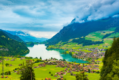 The beautiful Interlaken valley and Thunersee lake photo