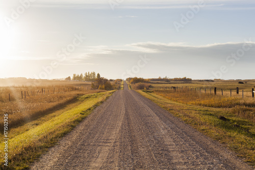 Gravel road through farm fields