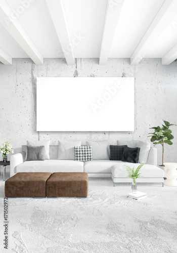 White bedroom minimal style Interior design with wood wall and grey sofa. 3D Rendering. 3D illustration © Roman King