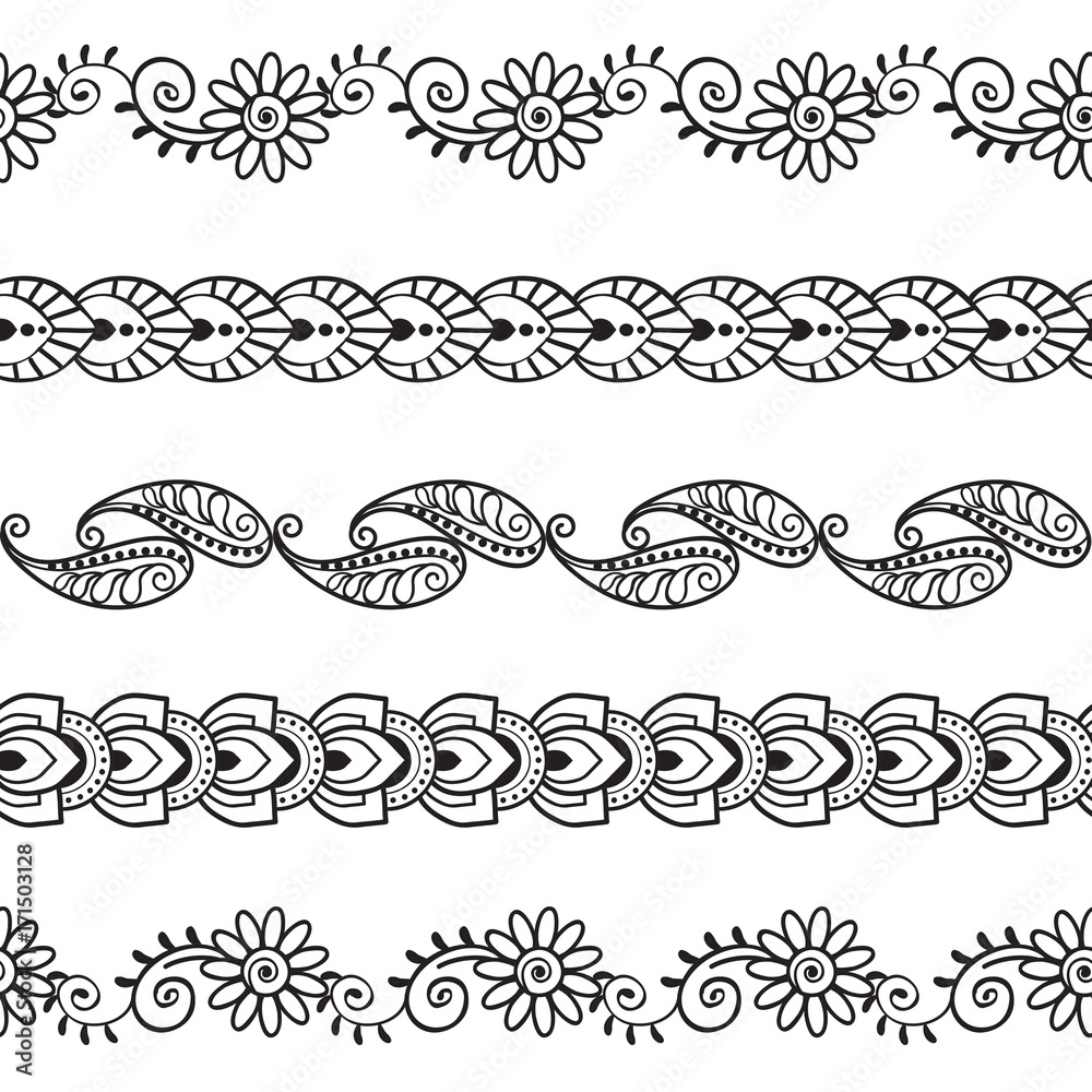 Seamless Henna Borders Vector Set Abstract Floral Patterns 3