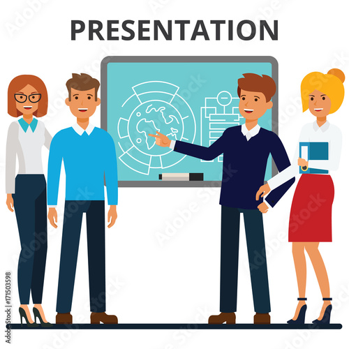 Business presentation. Businessmen and businesswomen meeting. Presentating of the project. Company colleagues. Flat vector illustration isolated on white background.