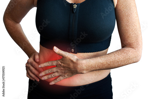 Women suffer from stomach ache or Gastroenterologist. Pain in red color. Isolate on white background photo