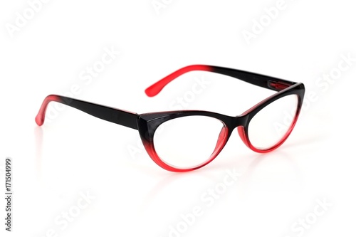 Fashionable plastic glasses on a white background