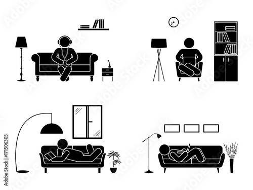 Stick figure resting at home position set. Sitting, lying, reading book, listening to music, using laptop vector icon relaxing posture on sofa and armchair. Furniture silhouette pictogram