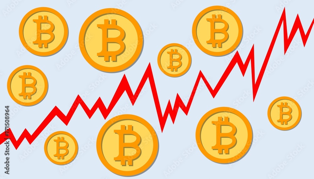 Illustration of Cryptocurrency bitcoin market and its price chart with up trend line