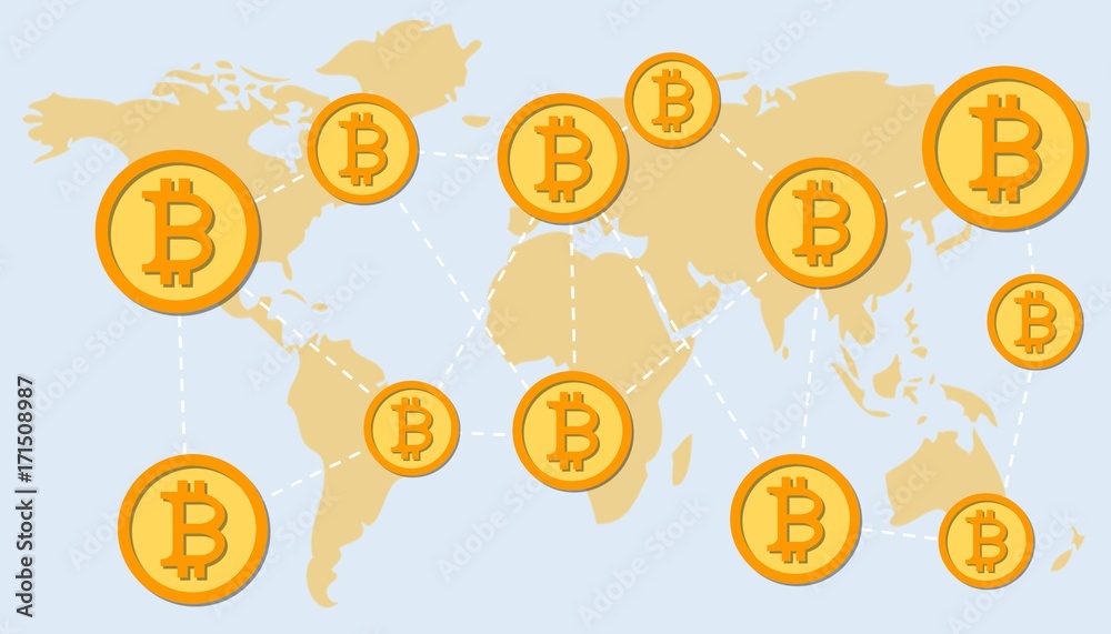 illustration of the growth rate of bitcoin on a world map background